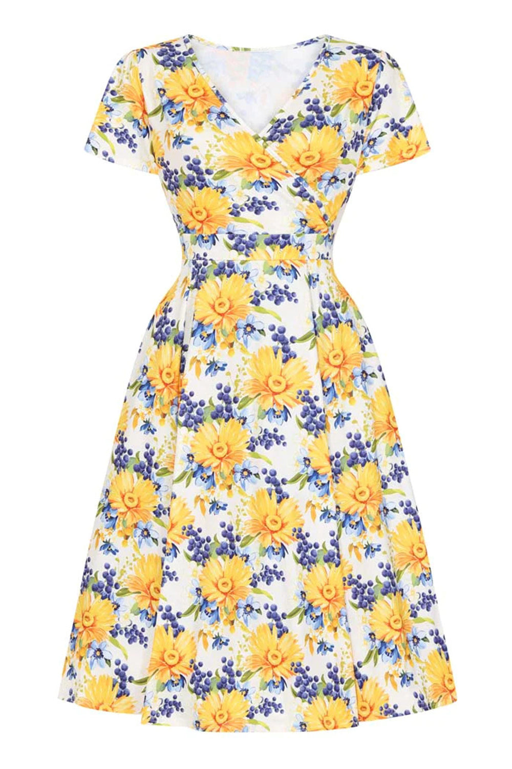 V-Neck Printed Yellow Vintage Dress with Short Sleeves