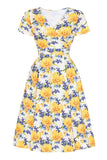 V-Neck Printed Yellow Vintage Dress with Short Sleeves