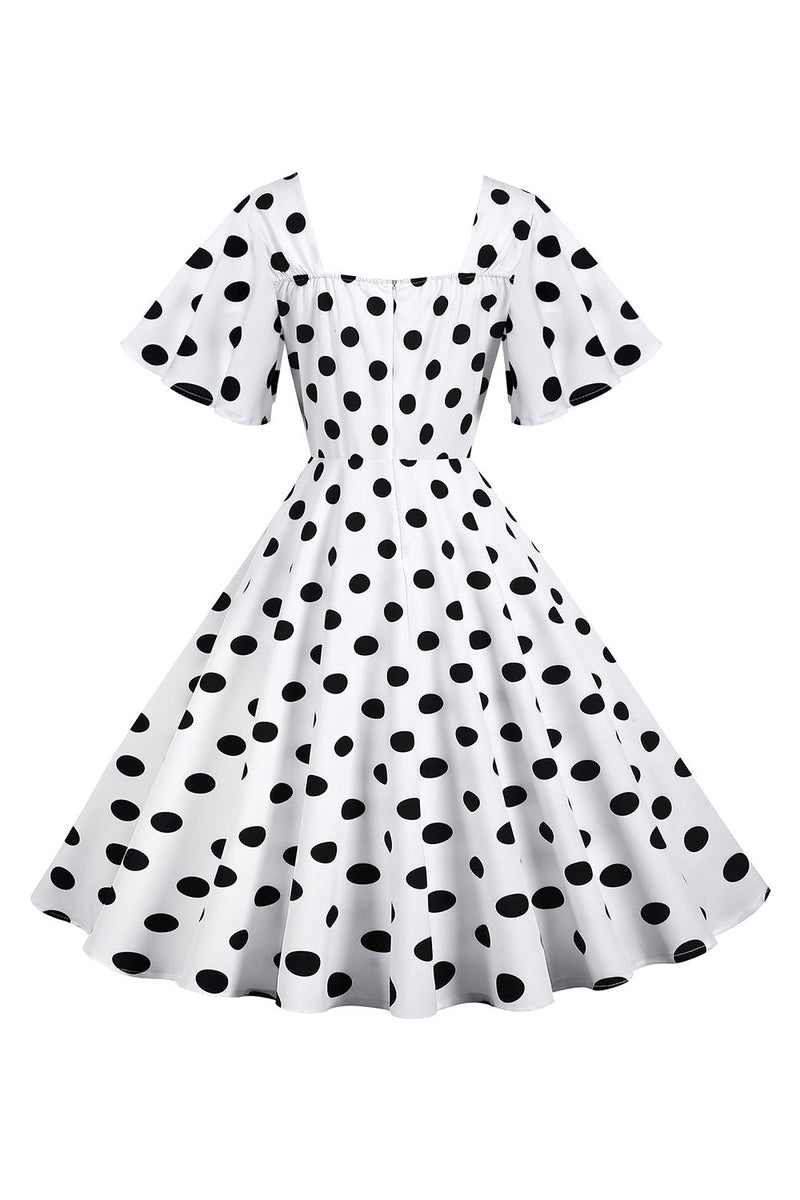 Load image into Gallery viewer, Polka Dots White Vintage Dress with Short Sleeves
