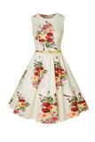 Boat Neck Printed Beige Vintage Dress with Belt