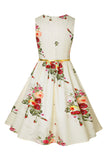 Boat Neck Printed Beige Vintage Dress with Belt