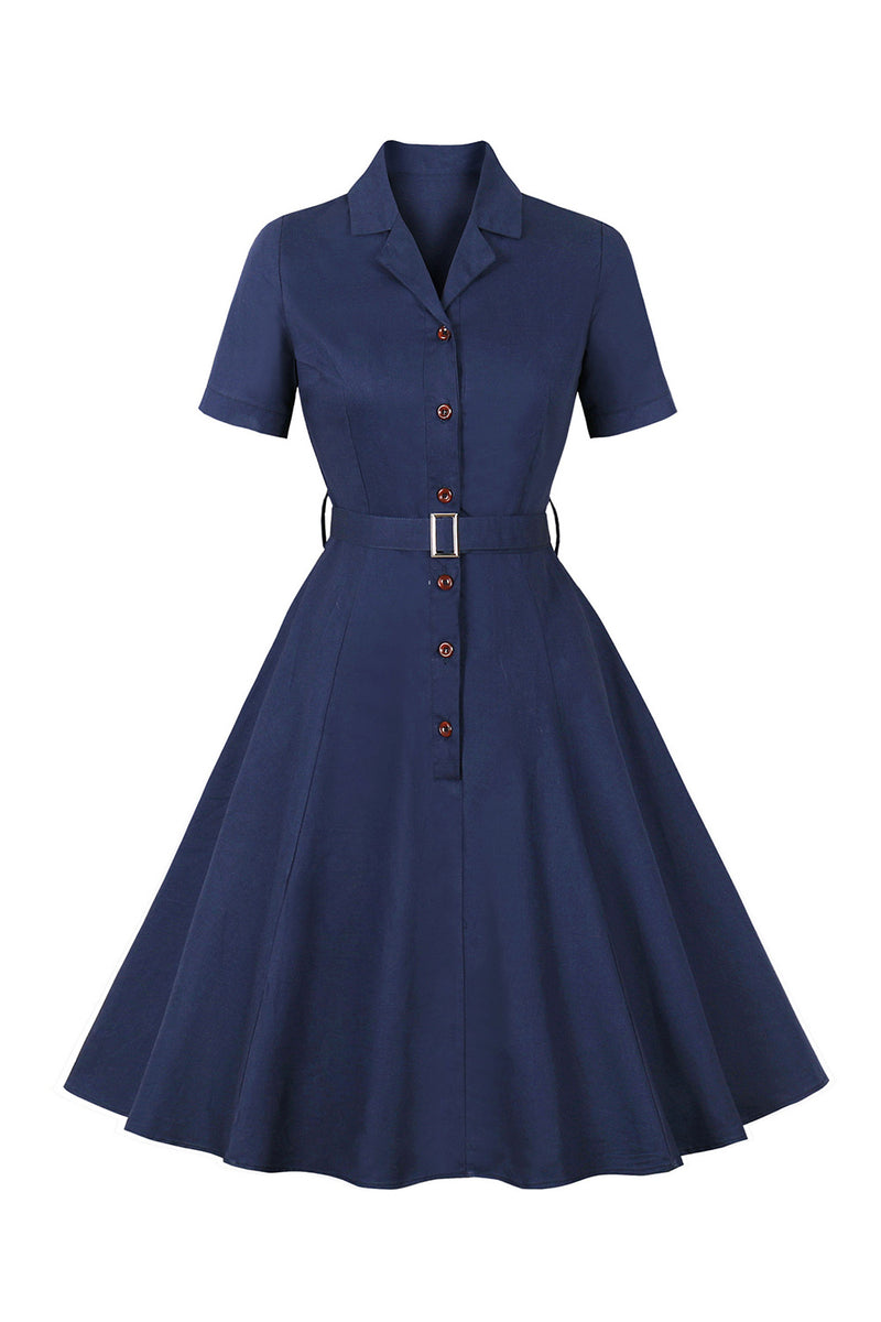 Load image into Gallery viewer, Navy Short Sleeves Button 1950s Dress