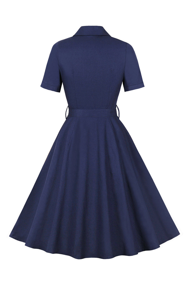 Load image into Gallery viewer, Navy Short Sleeves Button 1950s Dress
