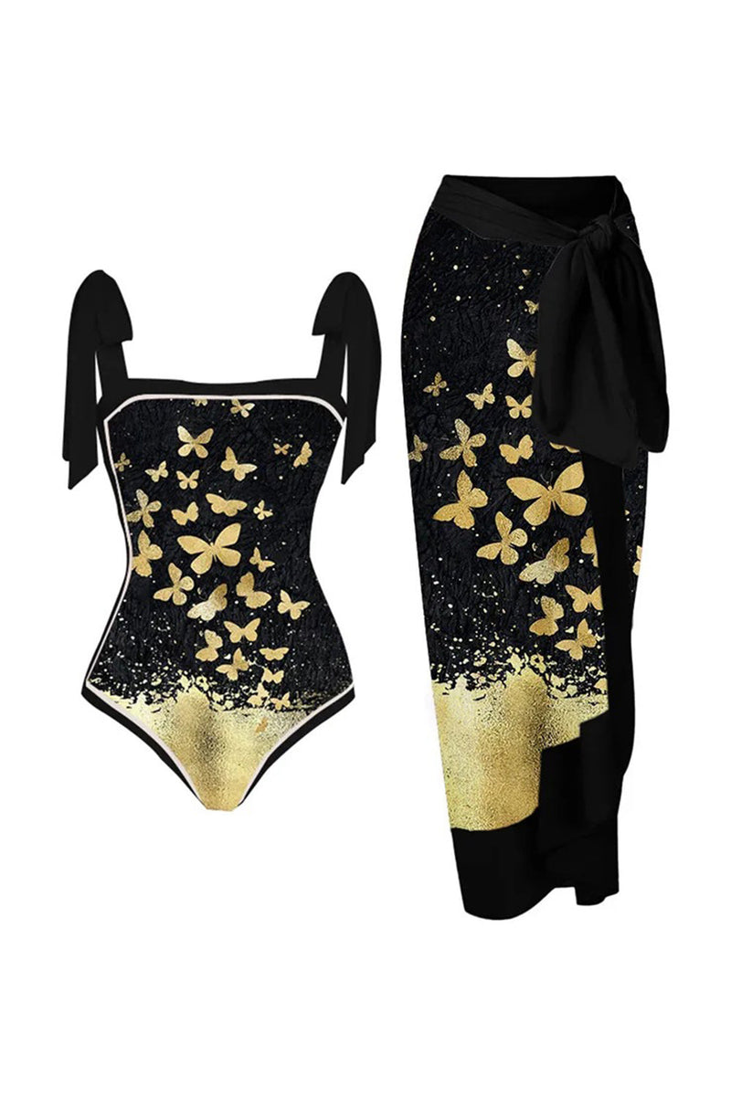 Load image into Gallery viewer, Black One Piece Printed Swimwear with Butterflies