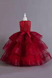 A Line Tulle Burgundy Sleeveless Girls Dresses With Bow