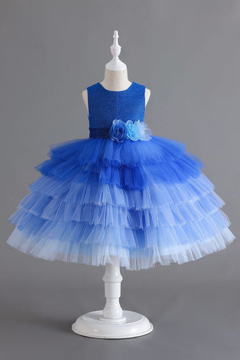 Royal Blue Sleeveless A Line Girls Dresses With 3D Flowers