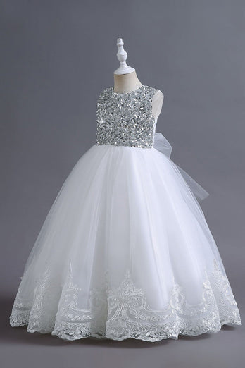 White Sequins Lace A Line Girls Dresses With Bow