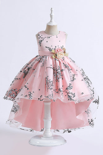 Pink High Low Appliques Sleeveless Girls Dresses With Bow