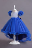 A Line Tulle Pink Sequins Puff Sleeves Girls Dresses With Bow