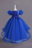 A Line Tulle Pink Sequins Puff Sleeves Girls Dresses With Bow