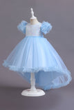 A Line Tulle Pink Sequins Puff Sleeves Girls Dresses With Bow