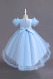 A Line Tulle Pink Sequins Puff Sleeves Girls Dresses With Bow