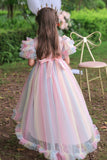 A Line Tulle Pink Sequins Puff Sleeves Girls Dresses With Bow