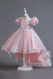 A Line Tulle Pink Sequins Puff Sleeves Girls Dresses With Bow