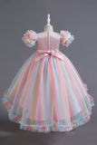 A Line Tulle Pink Sequins Puff Sleeves Girls Dresses With Bow