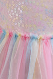 A Line Tulle Pink Sequins Puff Sleeves Girls Dresses With Bow