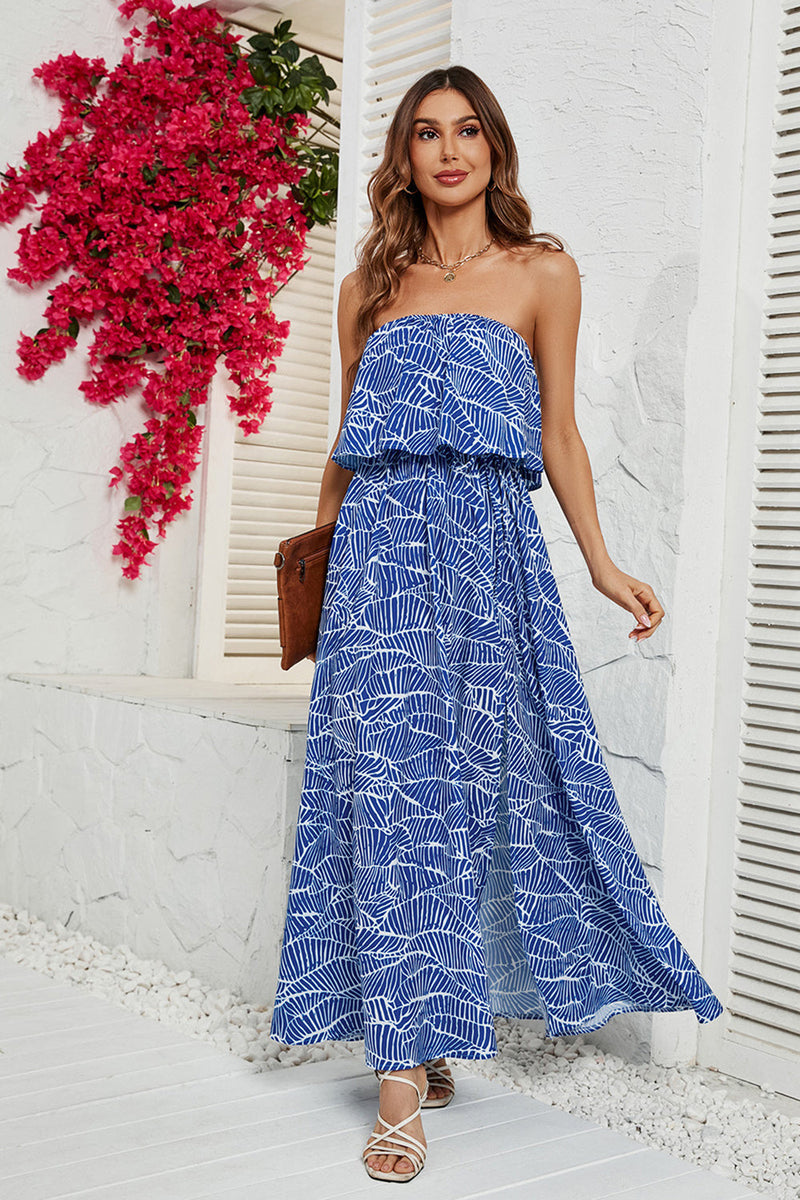 Load image into Gallery viewer, Blue Printed Strapless Long Summer Dress With Slit