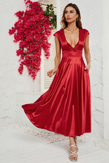 Red Deep V-neck Cap Sleeves Party Dress