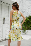 Yellow Halter Floral Printed Summer Dress With Ruffles