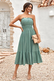 Green Strapless A-line Midi Summer Dress