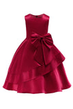 Boat Neck Sleeveless Burgundy Girls Dresses with Bowknot