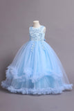 Tulle Beaded Blue Girls Dresses with Appliques