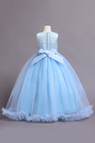 Tulle Beaded Blue Girls Dresses with Appliques