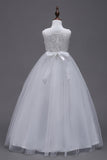 A-Line Tulle White Girls Dresses with Bow