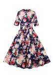 Navy Floral Printed Swing 1950s Dress with Short Sleeves