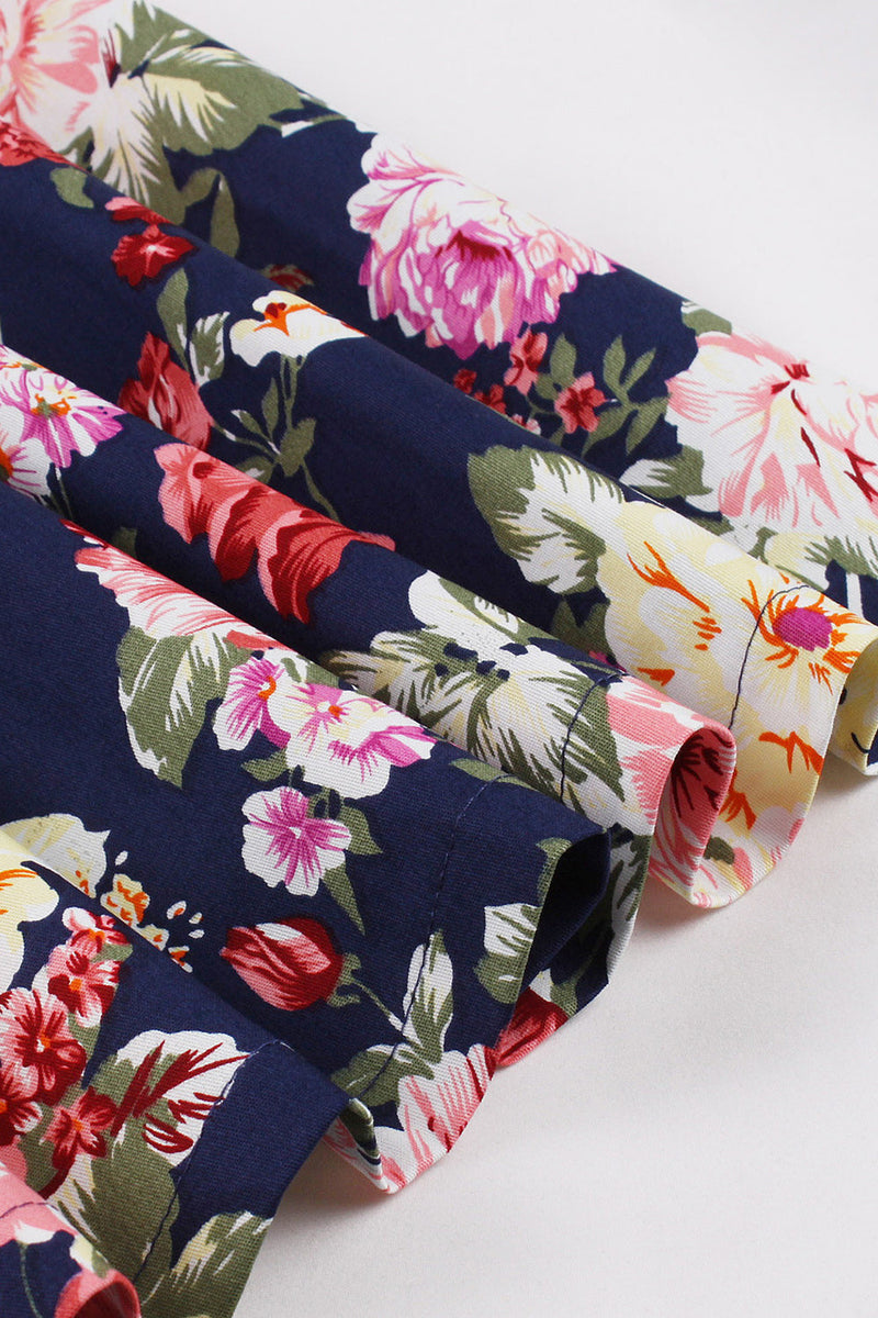 Load image into Gallery viewer, Navy Floral Printed Swing 1950s Dress with Short Sleeves