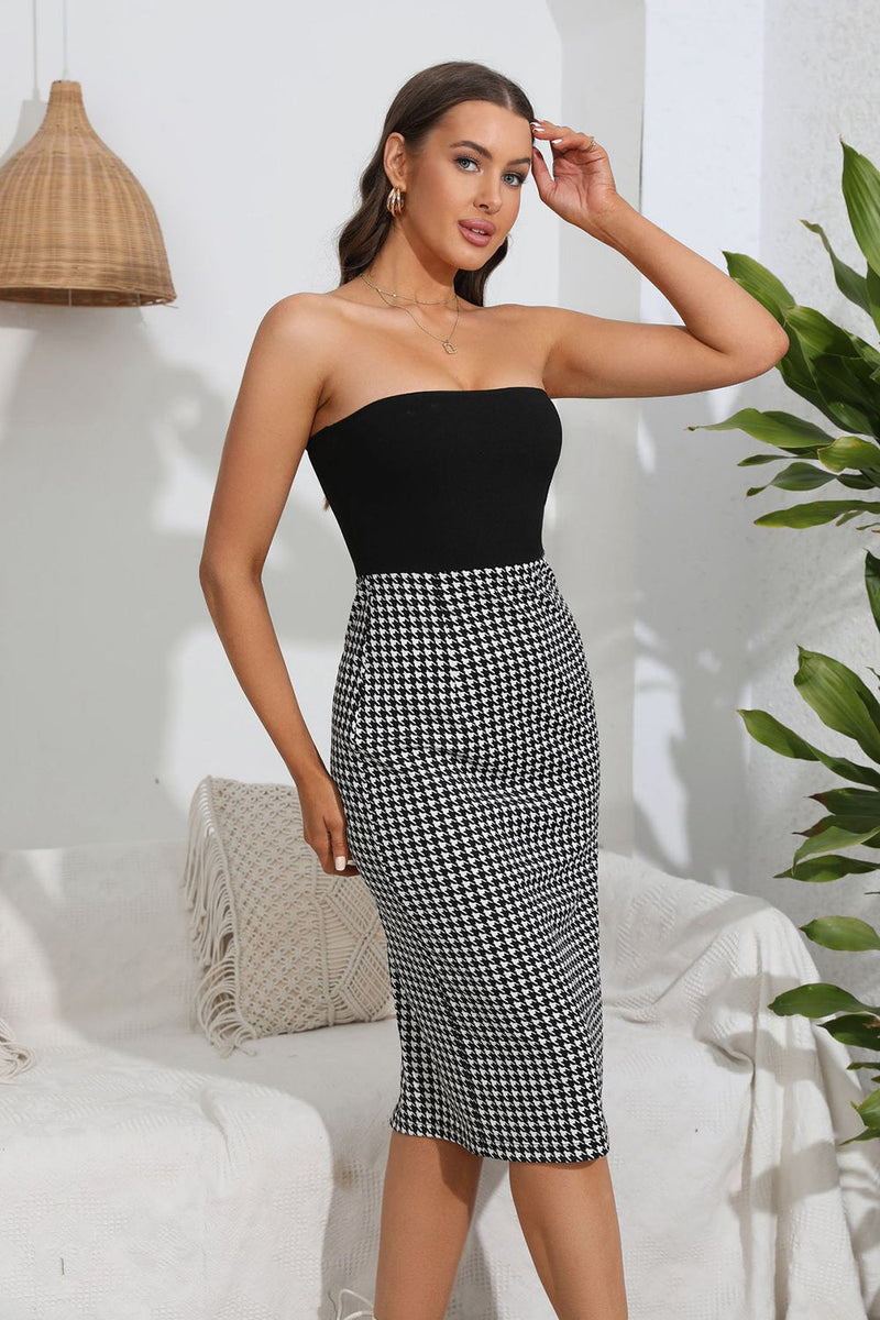 Load image into Gallery viewer, Strapless Plaid Bodycon Cocktail Dress with Slit