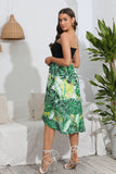 Printed Strapless Green Summer Dress with Slit