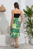 Printed Strapless Green Summer Dress with Slit