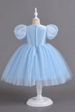 Blue Round Neck Puff Sleeves Girls Dresses