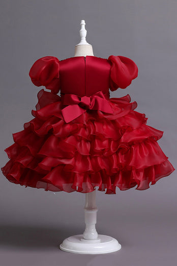 Puff Sleeves Pink Sequined Girls Dresses With Bow