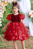 Puff Sleeves Pink Sequined Girls Dresses With Bow