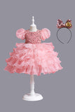 Puff Sleeves Pink Sequined Girls Dresses With Bow