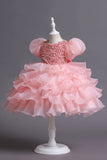 Puff Sleeves Pink Sequined Girls Dresses With Bow