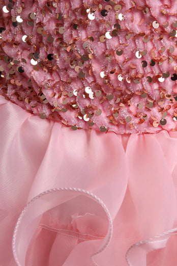 Puff Sleeves Pink Sequined Girls Dresses With Bow