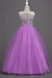 Purple A Line Tulle Girls Dresses With Lace