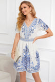 Printed White V Neck Summer Dress With Short Sleeves