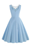 Lake Blue Sleeveless V Neck 1950s Dress