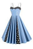 Light Blue Polka Dots Spaghetti Straps 1950s Dress