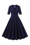 Navy Half Sleeves V Neck 1950s Dress