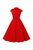 Red V Neck 1950s Dress With Short Sleeves