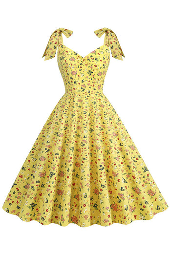 Yellow Printed Sleeveless Straps Vintage Dress