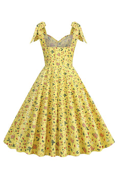 Yellow Printed Sleeveless Straps Vintage Dress