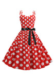 Pink Polka Dots Spaghetti Straps 1950s Dress With Bow