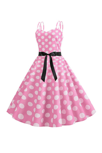 Pink Polka Dots Spaghetti Straps 1950s Dress With Bow