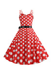 Pink Polka Dots Spaghetti Straps 1950s Dress With Bow